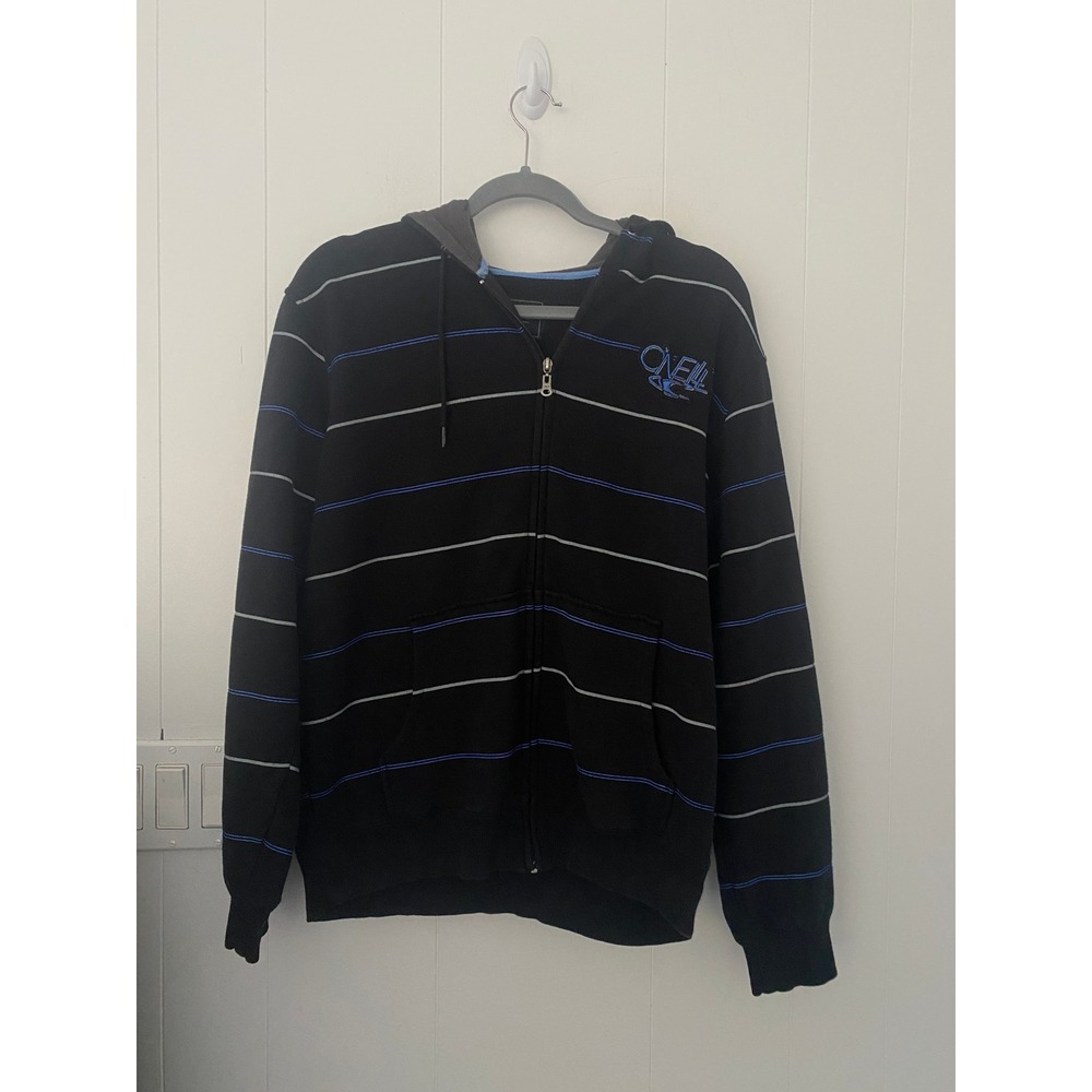 O Neill Mens Black Blue Stripe Full Zip Hoodie Sweatshirt Size Medium